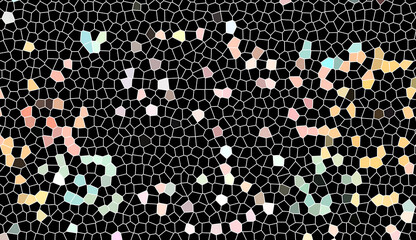 Abstract mosaic tile pattern with scattered pastel geometric shapes on black. Modern minimalist stained glass aesthetic with dark high-contrast design and artistic creative backdrop.