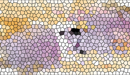 Abstract mosaic tile pattern with purple, yellow, and orange geometric shapes. Modern stained glass aesthetic with vibrant cluster design and minimalist artistic backdrop.