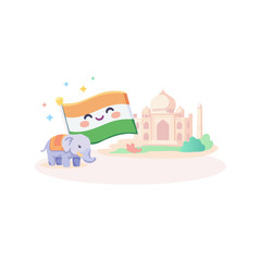 India National Symbols Cute Illustration With Flag Elephant And Taj Mahal. Indian Culture Vector Design Featuring Tricolor Flag Famous Monument And Traditional Elephant
