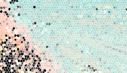 Abstract mosaic tile pattern with soft mint green and peach geometric shapes. Modern stained glass aesthetic with vibrant corner cluster and minimalist artistic backdrop.