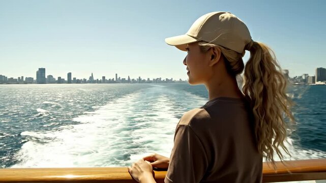 Woman with blonde ponytail wearing a baseball cap on a boat, looking at a city skyline across the ocean; Scenic view from a cruise ship deck overlooking a coastal cityscape on a sunny day