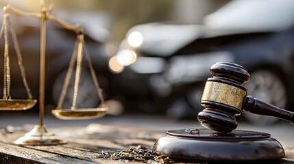 Fototapeta na wymiar Gavel, scale, and car wreck evoke wrongful death legal claim and pursuit of civil justice.