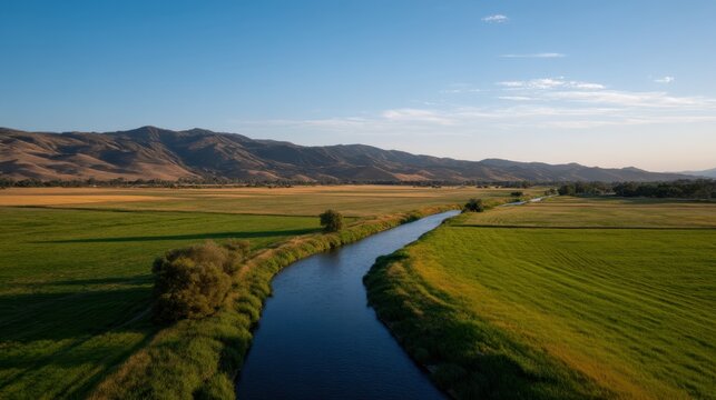 Serene Farmland Landscape with River Replenished by Natural Runoff in Golden Hour Light