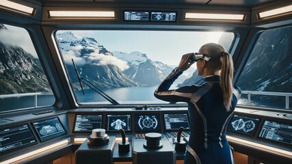Woman with binoculars in a futuristic spaceship cockpit overlooking a majestic mountain landscape, Futuristic command bridge with a woman observing a stunning natural vista - Powered by Adobe