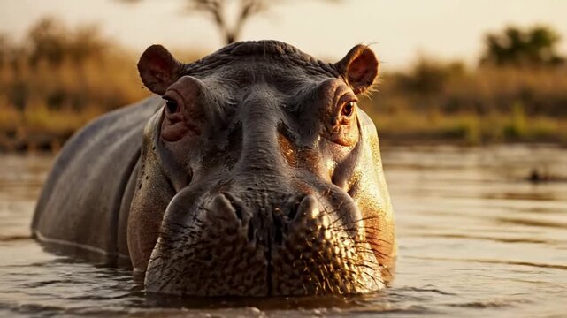 Majestic Hippopotamus Peeking from Water, Watching in Golden African Sunset Light