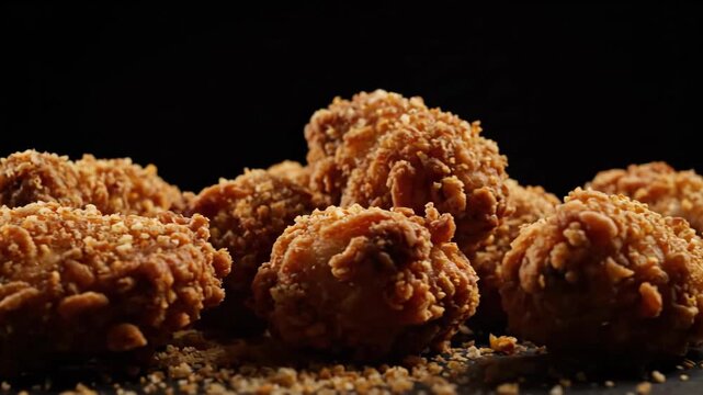 Golden fried, breaded food pieces, with crumbs falling against dark background