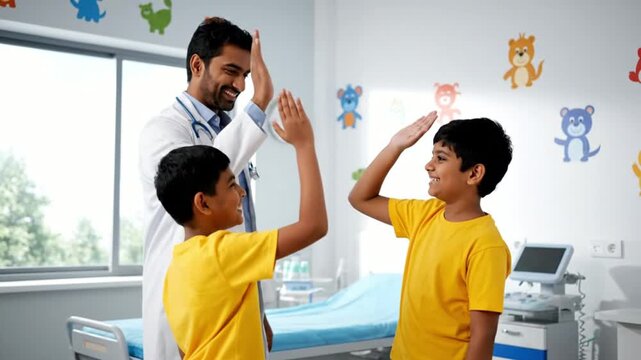 heartwarming pediatrician interacting with excited children in colorful doctor's office with friendly cartoon decals