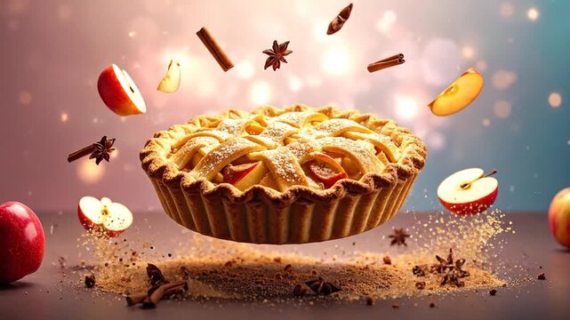 A freshly baked pie floats amidst ingredients, with falling apples and spices, a feast for the eyes