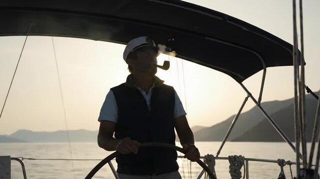 Man in captain's hat smoking pipe at the helm of a sailboat during golden hour, Serene sailing journey with a seasoned captain steering through calm waters at sunset