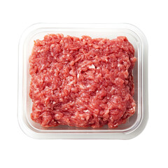 Fresh ground beef in plastic container on transparent background