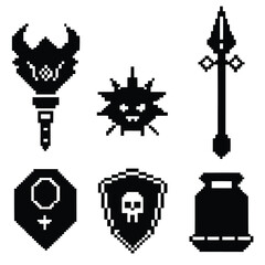 Fototapeta premium Pixel Art 1-Bit Shield Armor and Power Icon Set