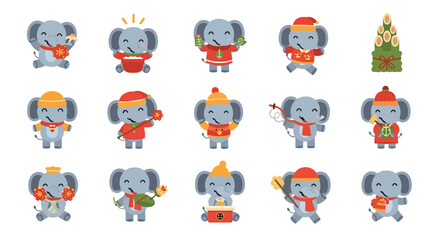 Fototapeta premium Set of Cute Cartoon Elephant Characters for Christmas