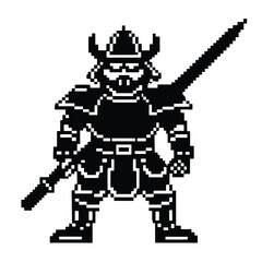 Obraz premium Pixel Art 1-Bit Armored Samurai Warrior with Katana
