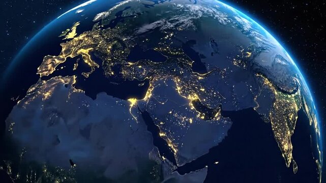 Detailed view of Earth at night, showing city lights illuminating continents.