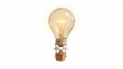 Light bulb hot air balloon with miniature figure isolated on white