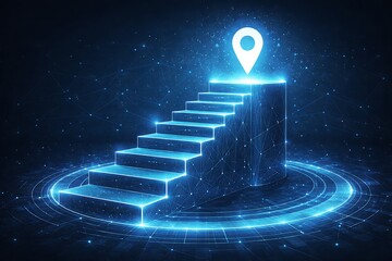 Concept of the path to success. Digital stairs with abstract podiums and staircase set on technology blue background. Abstract location white pin. Tech low poly wireframe vector illustration.