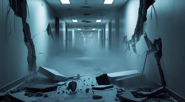 Abandoned hospital corridor with damaged walls and debris scattered  