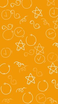 Plain orange pattern with stars, spirals, and checkmarks perfect for festive and whimsical designs, backgrounds, or print materials. Great for celebratory events.