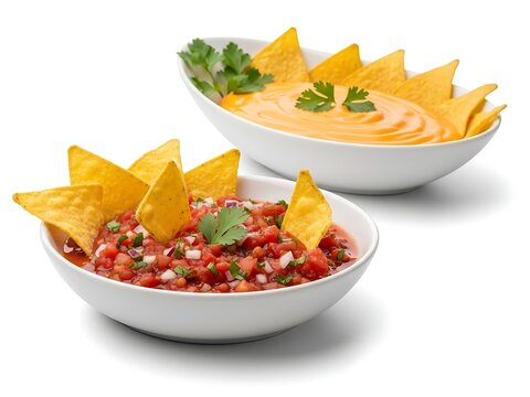 Bowls of salsa and queso with tortilla chips