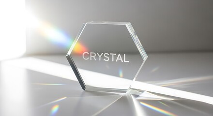 Hexagonal crystal with 'CRYSTAL' text, showcasing stunning light refractions and vibrant rainbow lens flares against a clean, modern grey background, perfect for abstract and scientific themes.