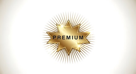 Golden premium starburst label, a luxury quality award badge with shiny metallic effect, perfect for exclusive products and services.