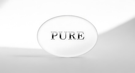 Transparent sphere encapsulating the word 'PURE' on a clean, minimalist white and grey studio background, symbolizing clarity, authenticity, and pristine quality.