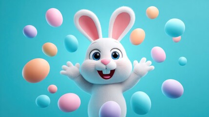 Fototapeta premium Joyful cartoon bunny surrounded by colorful Easter eggs against a bright blue background