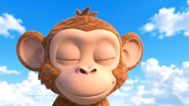 Cartoon monkey smiling against blue sky with clouds background