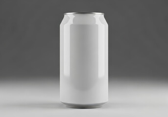 A blank white soda can on a gray background for product design 12 oz can mockup