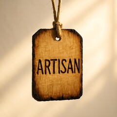Rustic wooden tag with "ARTISAN" carved into it, hanging by a natural twine, symbolizing handmade quality, craftsmanship, and authentic tradition.