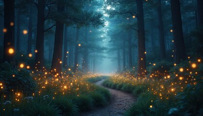 Obraz premium Magical forest path at night. Tiny glowing lights float among trees and on rich green grass. The mystic trail leads through a hazy, dark woodland.
