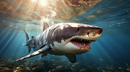 Great white shark with the sun