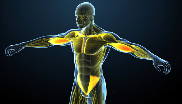 全身の筋肉と可動域を示す人体解剖モデル