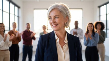 Obraz premium Confident senior businesswoman smiling while colleagues clap in bright modern office, conveying leadership and appreciation