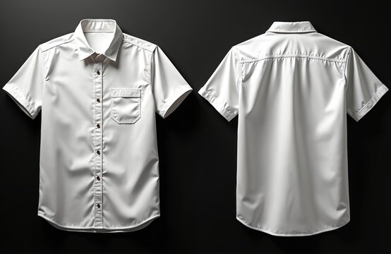 Front and back view of a short sleeve white button up shirt with pocket. Clean minimalist garment perfect for apparel design mockups. Versatile blank clothing item for print ads.