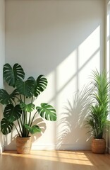 Fototapeta premium Two green houseplants sit in woven pots on light wood floor. White walls show sunlight patterns from window. Monstera, palm tree add natural decor to minimalist room. These plants bring life, style.
