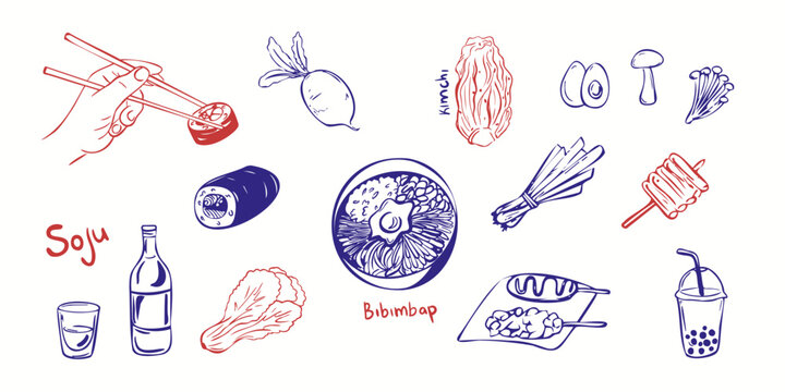 Hand drawn Korean food set with traditional dishes and ingredients including bibimbap, kimchi, soju, ramen, vegetables and street food. Doodle style vector illustration.
