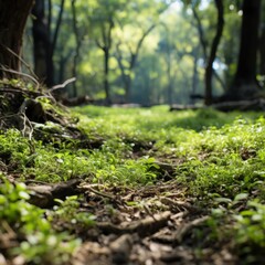 Forest floor glows in morning light