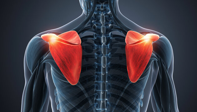 肩甲骨と僧帽筋を強調した背面の人体解剖イメージ
