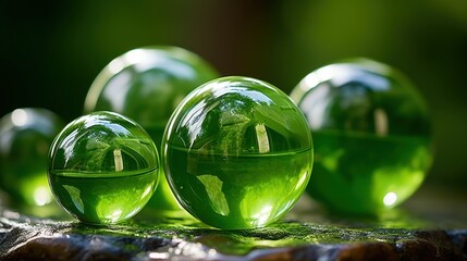 Green Marbles Reflecting Nature on Moss