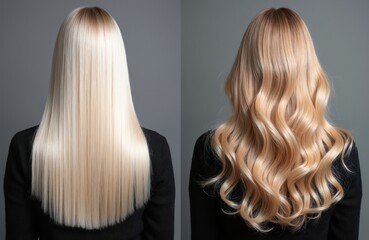 Naklejka premium Split image shows blonde hair before and after treatment. Straight smooth hair contrasts with wavy styled hair. Before and after comparison demonstrates hair care results.