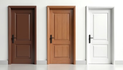 Three closed wooden doors in brown natural wood and white colors. Doors have black metal handles and frames. Offers choices for home interior entry.