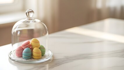 A glass dome covers a plate of colorful macarons on a marble countertop
