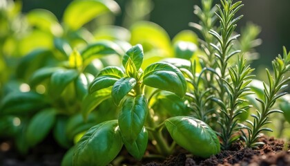 Fototapeta premium Fresh basil and rosemary plants grow in rich soil. Lush green foliage thrives in sunlight. Healthy herbs cultivated for culinary or wellness uses. Organic garden produce ready for harvest.
