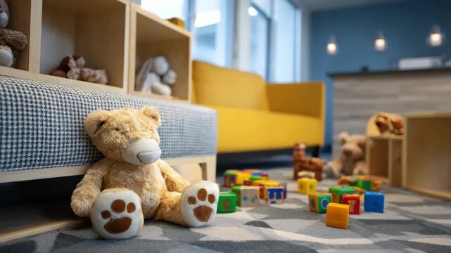 Medium shot of a cozy pediatric play corner with toys neatly arranged and childsized furniture clearly in focus the waiting rooms reception desk softly out of focus behind.