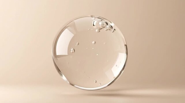 A transparent, spherical object with air bubbles floats against a neutral, beige-toned backdrop