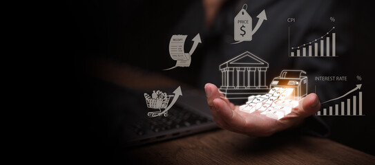 Money printing and inflation concept. Businessman holding printed fiat bill and central bank with inflation, CPI, rising prices, interest rates. Economic impact, monetary policy, high cost of living.