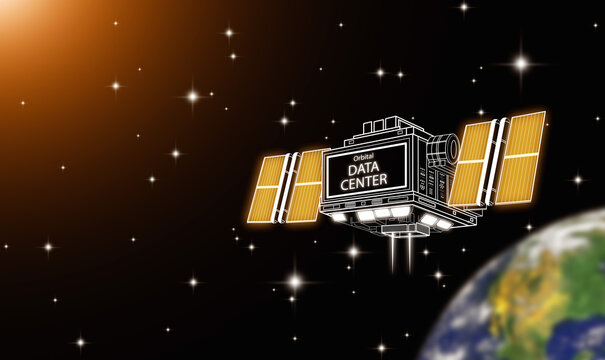 Orbital data center satellite in space floating above earth and powered by solar energy. Information storage, space based AI computing infrastructure, global connectivity in digital transformation.