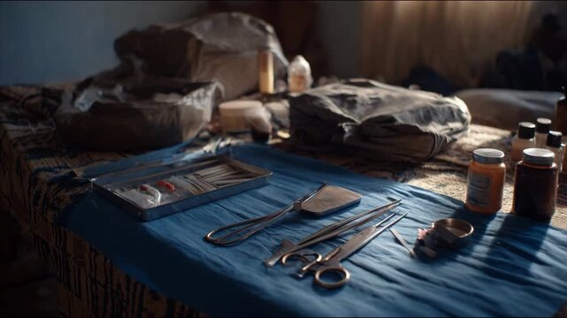 Medium shot showing a suturing procedure area with essential tools in sharp focus surrounded by softly blurred sterile drapes and lighting.