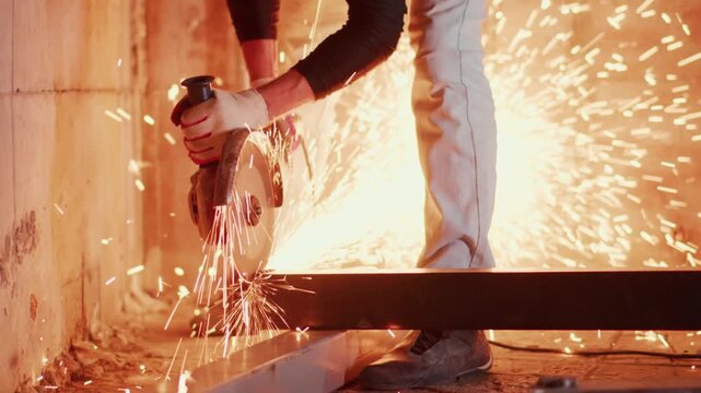 steelworker sparks cut, closeup of beam cutting craft, sparks fly as worker cuts steel beam near wall, steelworker in protective gear slices beam with sparks erupting nearby